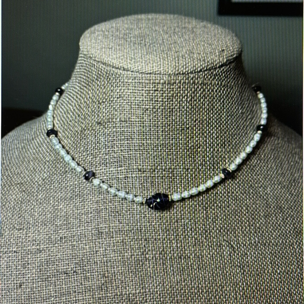 Dainty white pearl with carved purple amethyst necklace 17 inch with 10 K clasp